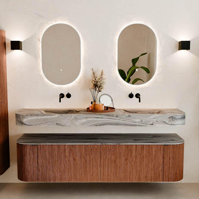 MONDIAZ THOR-DLUX 180cm meuble de salle de bains arrondi gauche + droite couleur Ruby avec 2 tiroirs et 2 portes. Vasque suspendue CLOUD Double sans trou de robinet couleur Sombra.