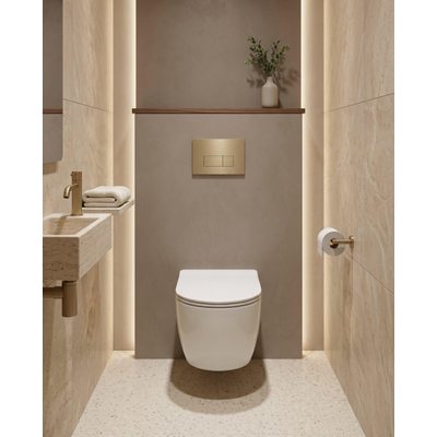 QeramiQ Dely Pack WC - 36,3x51,7cm - à fond creux - sans bride - réservoir encastré Geberit UP320 - abattant WC softclose 35 mm - plaque de déclenchement en laiton brossé - boutons rectangulaires - blanc mat