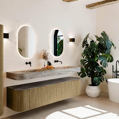 MONDIAZ THOR-DLUX Meuble de salle de bains - 190cm - arrondi gauche + droite - couleur Dusk - 2 tiroirs et 2 portes - Vasque suspendue CLOUD Double sans trou de robinet - couleur Oza