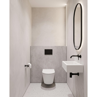 QeramiQ Dely Toiletset - 36.3x51.7cm - diepspoel - rimless - Geberit UP320 inbouwreservoir - met Burda frame - softclose toiletzitting - mat zwarte bedieningsplaat - rechtehoekige knoppen - glans wit (zwart)