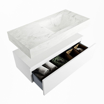 Mondiaz ALAN-DLUX Ensemble de meuble - 100cm - meuble Talc mat - 1 tiroir - Lavabo Cloud Opalo suspendu - vasque Droite - 1 trou de robinet