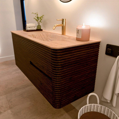 Mondiaz CIRO-DLUX Meuble de salle de bains - 120x45x50cm - Vasque en solid surface Saba - 1 lavabo à droite - 1 trou de robinet - 2 tiroirs - Noyer