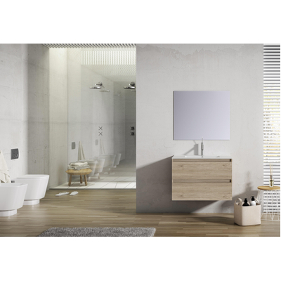 Adema Chaci Ensemble salle de bains 61x46x57cm avec 2 tiroirs sans poignée avec miroir 1 vasque en céramique 1 trou de robinet Canelle