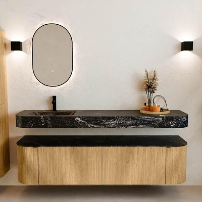 MONDIAZ THOR-DLUX 180cm meuble de salle de bains arrondi gauche + droite couleur Oak avec 2 tiroirs et 2 portes. Vasque suspendue CLOUD Gauche 1 trou de robinet couleur Lava.