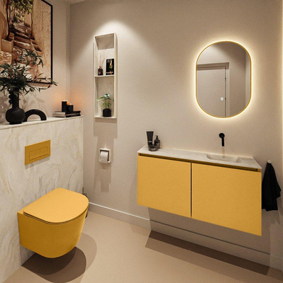 MONDIAZ TURE-DLUX Meuble toilette - 100cm - Ocher - EDEN - vasque Ostra - position droite - sans trou de robinet