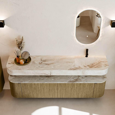 MONDIAZ THOR-DLUX 190cm meuble de salle de bains arrondi gauche + droite couleur Dusk avec 2 tiroirs et 2 portes. Vasque suspendue CLOUD Droite 1 trou de robinet couleur Frappe.