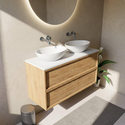 Saniclass Holz Frame Ensemble de meubles de salle de bains - 120x45x62.5cm - Plan de toilette Torino en solid surface blanc - sans trou de robinetterie - 2 tiroirs - chêne natural mat (bois)