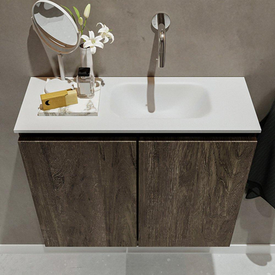 MONDIAZ TURE Toiletmeubel 60x23x50cm met 0 kraangaten 2 deuren dark brown mat Wastafel Eden rechts Solid Surface Wit
