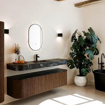 MONDIAZ THOR-DLUX 170cm meuble de salle de bains arrondi gauche + droite couleur Walnut avec 1 tiroir et 2 portes. Vasque suspendue CLOUD Milieu 1 trou de robinet couleur Lava.