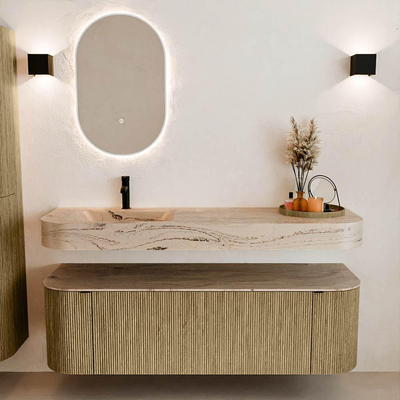 MONDIAZ THOR-DLUX 150cm meuble de salle de bains arrondi gauche + droite couleur Dusk avec 1 tiroir et 2 portes. Vasque suspendue CLOUD Gauche 1 trou de robinet couleur Arena.