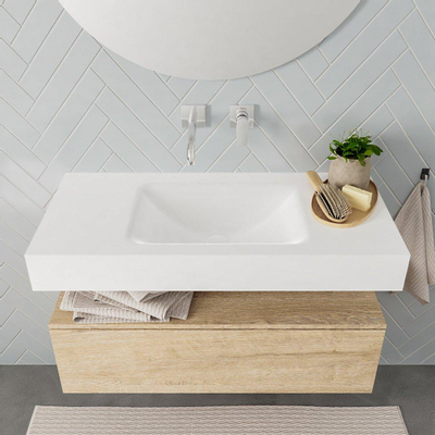 MONDIAZ ALAN 100cm - armoire sous-vasque - chêne blanchi - 1 tiroir - lavabo suspendu - vasque au centre - 0 trous de robinet - talc