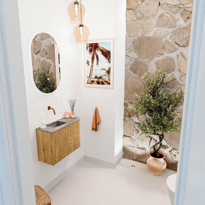 Mondiaz JOYA-DLUX 61.6cm toiletmeubel - ronding rechts kleur Oak - Wastafel FAYE positie Links Zonder kraangat kleur Oza.