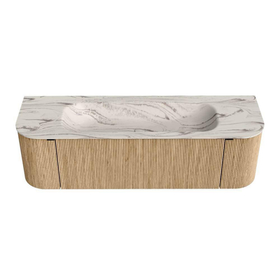 MONDIAZ KURVE-DLUX Meuble de salle de bains 150cm arrondi Gauche + Droite couleur Chêne avec 1 tiroir et 2 portes. Lavabo BIG MEDIUM Central 1 trou de robinet Nata.