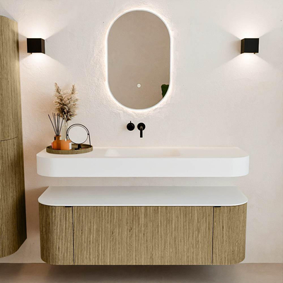 MONDIAZ THOR 140cm meuble de salle de bains arrondi gauche + droite couleur Dusk avec 1 tiroir et 2 portes. Vasque suspendue CLOUD Milieu sans trou de robinet couleur Talc.