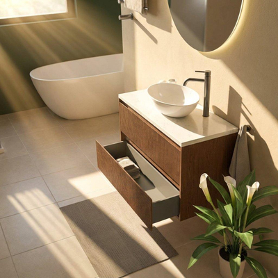 Saniclass Holz Atelier Ensemble de meubles de salle de bains - 100x45x63cm - Plan vasque en marbre Dia poli (blanc) - 1 trou de robinet - 2 tiroirs - noyer pure mat (bois)