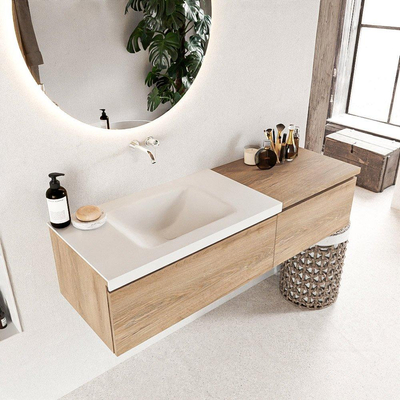 MONDIAZ BUKLA 140cm badmeubel met module 60 kleur Washed Oak met 2 lades. Wastafel CLOUD links 0 kraangaten kleur Talc.