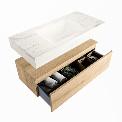 Mondiaz ALAN-DLUX Ensemble de meuble - 100cm - meuble Washed Oak mat - 1 tiroir - Lavabo Cloud Ostra suspendu - vasque Centre - 0 trous de robinet