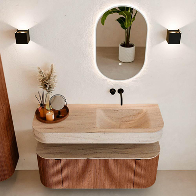 MONDIAZ THOR-DLUX 120cm meuble de salle de bains arrondi gauche + droite couleur Ruby avec 1 tiroir et 2 portes. Vasque suspendue CLOUD Droite sans trou de robinet couleur Saba.