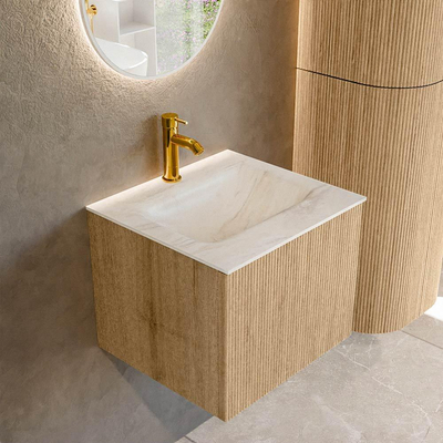 MONDIAZ KURVE-DLUX Meuble de salle de bains 50 cm couleur Oak avec 1 tiroir. Lavabo GRUNNE central 1 trou de robinet couleur Ostra.