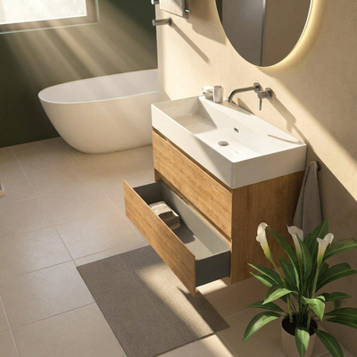 Saniclass Holz Pure Ensemble de meubles de salle de bains - 100x45x72cm - lavabo Legend en céramique blanc - 1 vasque - sans trou de robinetterie - 2 tiroirs - chêne naturel mat (bois)