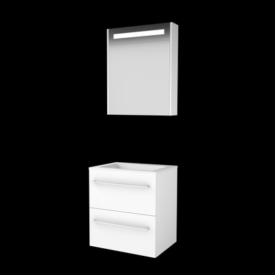 Basic-Line Premium 46 ensemble de meubles de salle de bain 60x46cm avec poignées 2 tiroirs lavabo acrylique 1 trou pour robinetterie armoire de toilette éclairage led intégré mdf laqué blanc glacier