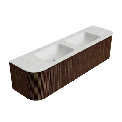 MONDIAZ KURVE-DLUX 170cm badmeubel met module 25 Len R kleur Walnut met 1 lade en 2 deuren. Wastafel LEAF dubbel 2 kraangaten kleur Opalo.