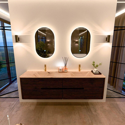 Mondiaz CIRO-DLUX Meuble de salle de bains - 180x45x50cm - Vasque solid surface Arena - 2 vasques Double - 2 trous de robinet - 4 tiroirs - Noyer