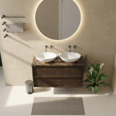 Saniclass Holz Frame Ensemble meuble de salle de bains - 120x45x63cm - plan de toilette en pierre naturelle Noche dark emperador - sans trou de robinet - 2 tiroirs - chêne charcoal mat (bois)