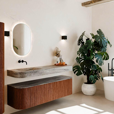 MONDIAZ THOR-DLUX 160cm meuble de salle de bains arrondi gauche + droite couleur Ruby avec 1 tiroir et 2 portes. Vasque suspendue CLOUD Gauche sans trou de robinet couleur Oza.