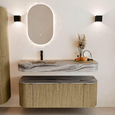 MONDIAZ THOR-DLUX Meuble de salle de bains 130cm arrondi gauche + droite couleur Dusk avec 1 tiroir et 2 portes. Vasque suspendue CLOUD Gauche 1 trou de robinet couleur Sombra.