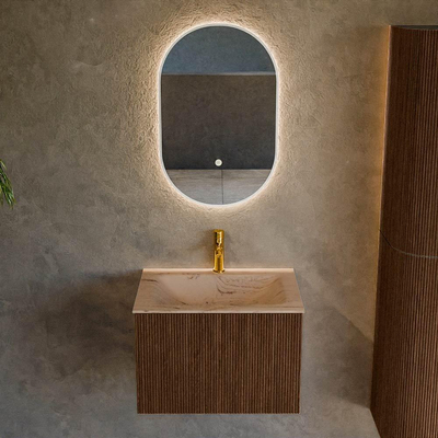 MONDIAZ KURVE-DLUX 60cm badmeubel kleur Walnut met 1 lade en 0 deuren. Wastafel CLOUD Midden 1 kraangat Arena.