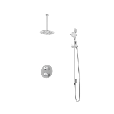 Hotbath Buddy IBS Ensemble de douche pluie - inverseur 2 voies - bras de plafond 30 cm - pomme de douche ronde 20 cm - douchette 3 jets - barre de douche - chrome