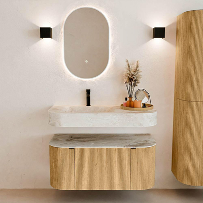 MONDIAZ THOR-DLUX Meuble de salle de bains 100cm arrondi gauche + droite couleur Oak avec 1 tiroir et 2 portes. Vasque suspendue CLOUD Gauche 1 trou de robinet couleur Frappe.