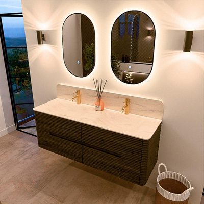 Mondiaz CIRO-DLUX Meuble de salle de bains - 140x45x50cm - Plan vasque Solid surface Meli - 2 lavabos Double - 2 trous de robinetterie - 4 tiroirs - Shadow