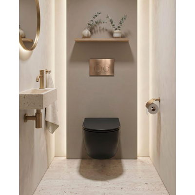 QeramiQ Dely Swirl Toiletset - 36.3x51.7cm - Geberit UP720 Duofix Sigma inbouwreservoir - slim zitting - bedieningsplaat koper - ronde knoppen - mat zwart