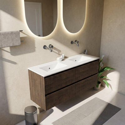Saniclass Holz Atelier Ensemble meuble de salle de bains - 140x45x62cm - lavabo Vygo en céramique blanc - 2 vasques - sans trous de robinetterie - 4 tiroirs - chêne charcoal brillant (bois)