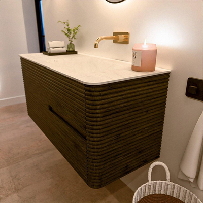 Mondiaz CIRO-DLUX Ensemble de meubles de salle de bains - 110x45x50cm - vasque en solid surface Opalo - 1 bassin à droite - sans trous de robinet - 2 tiroirs - Shadow