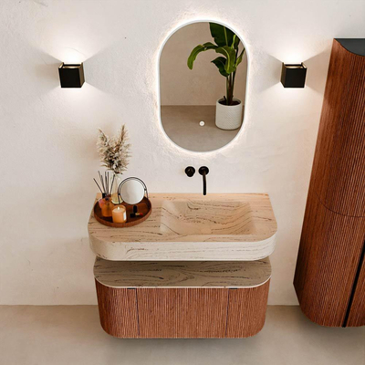 MONDIAZ THOR-DLUX 100cm meuble de salle de bains arrondi gauche + droite couleur Ruby avec 1 tiroir et 2 portes. Vasque suspendue CLOUD Droite sans trou de robinet couleur Arena.