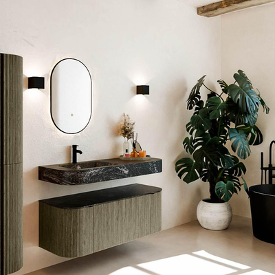 MONDIAZ THOR-DLUX 120cm meuble de salle de bains arrondi gauche + droite couleur Shadow avec 1 tiroir et 2 portes. Vasque suspendue CLOUD Gauche 1 trou de robinet couleur Lava.