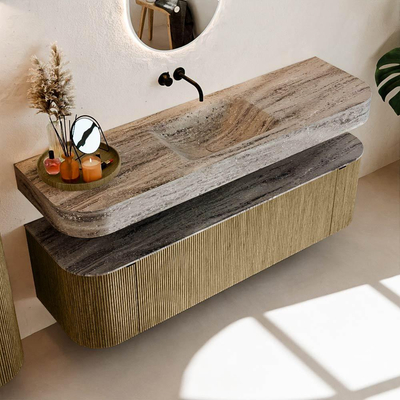 MONDIAZ THOR-DLUX 160cm meuble de salle de bains arrondi gauche + droite couleur Dusk avec 1 tiroir et 2 portes. Vasque suspendue CLOUD Milieu sans trou de robinet couleur Oza.