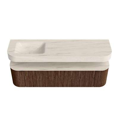 MONDIAZ THOR-DLUX Meuble de salle de bains 170cm arrondi gauche + droite couleur Walnut avec 1 tiroir et 2 portes. Vasque suspendue CLOUD Gauche sans trou de robinet couleur Meli.