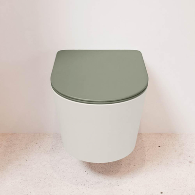 Mondiaz LAVIE hangtoilet – spoelrandloos – 36 x 53 cm – met softclose zitting – Linen (offwhite), zitting Army (groen)
