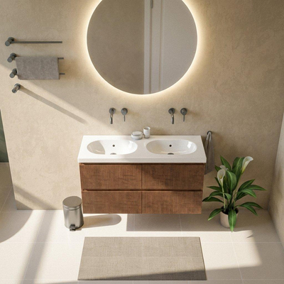 Saniclass Holz Atelier Ensemble de meubles de salle de bains - 120x45x63.5cm - lavabo Palermo en céramique blanc - 2 vasques - sans trous de robinet - 2 tiroirs - mat walnut pure (bois)