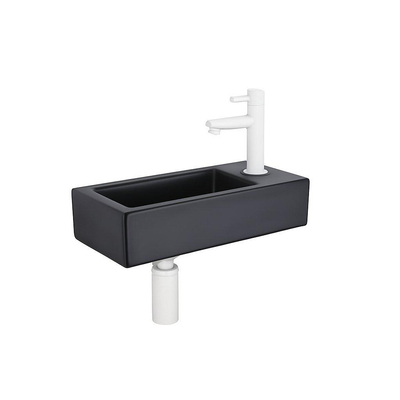 QeramiQ Fuente Ensemble lave-mains - 37.5x18.5x9cm - céramique - trou de robinet à droite - robinet de lave-mains blanc mat - bouchon de vidage - siphon abaissé - Noir Mat