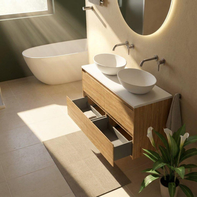 Saniclass Holz Pure Ensemble meuble de salle de bains - 120x45x62.5cm - plan de travail Torino en solid surface blanc - sans trou de robinet - 4 tiroirs - chêne natural mat (bois)