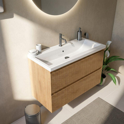 Saniclass Holz Atelier Ensemble de meubles de salle de bains - 100x45x63.5cm - Lavabo Bari en céramique blanc - 1 vasque - 1 trou de robinet - 2 tiroirs - chêne natural mat (bois)
