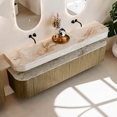 MONDIAZ THOR-DLUX Meuble de salle de bains - 200cm - arrondi gauche + droite - couleur Dusk - 2 tiroirs et 2 portes - Vasque suspendue CLOUD Double sans trou de robinet - couleur Frappe