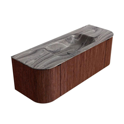 MONDIAZ KURVE-DLUX Meuble de salle de bains 130cm arrondi gauche + droite couleur Ruby avec 1 tiroir et 2 portes. Lavabo BIG SMALL Milieu 1 trou de robinet Sombra.