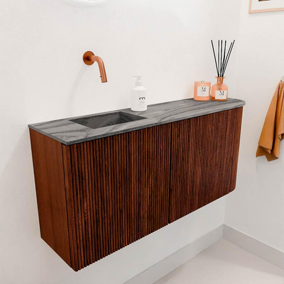 Mondiaz JOYA-DLUX 91.6cm toiletmeubel - ronding rechts kleur Ruby - Wastafel FAYE positie Links Zonder kraangat kleur Sombra.