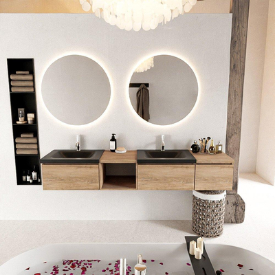 MONDIAZ BUKLA 200cm ensemble de meuble avec module ouvert 40 gauche couleur Chêne blanchi avec 3 tiroirs. Lavabo CLOUD double 2 trous de robinet couleur Urbaine.